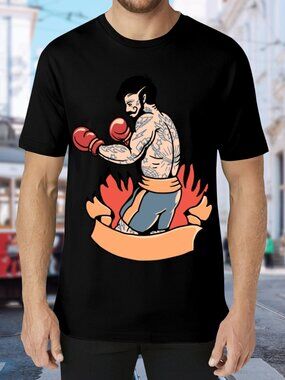 Boxer Graphic Tee in Black with Red & Peach Design